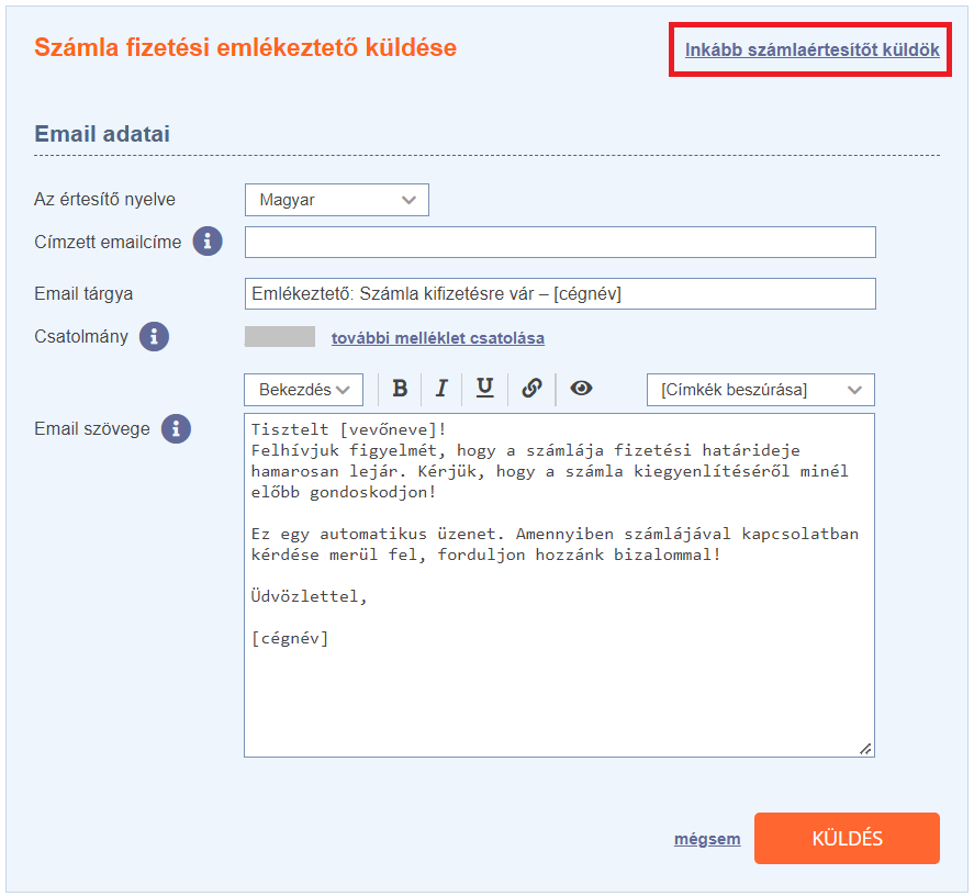 fizetési emlékeztető küldése