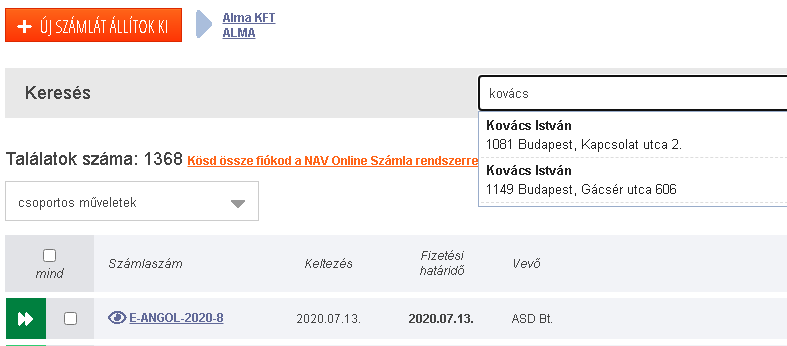 Vevő kiválasztása a számlakeresőn